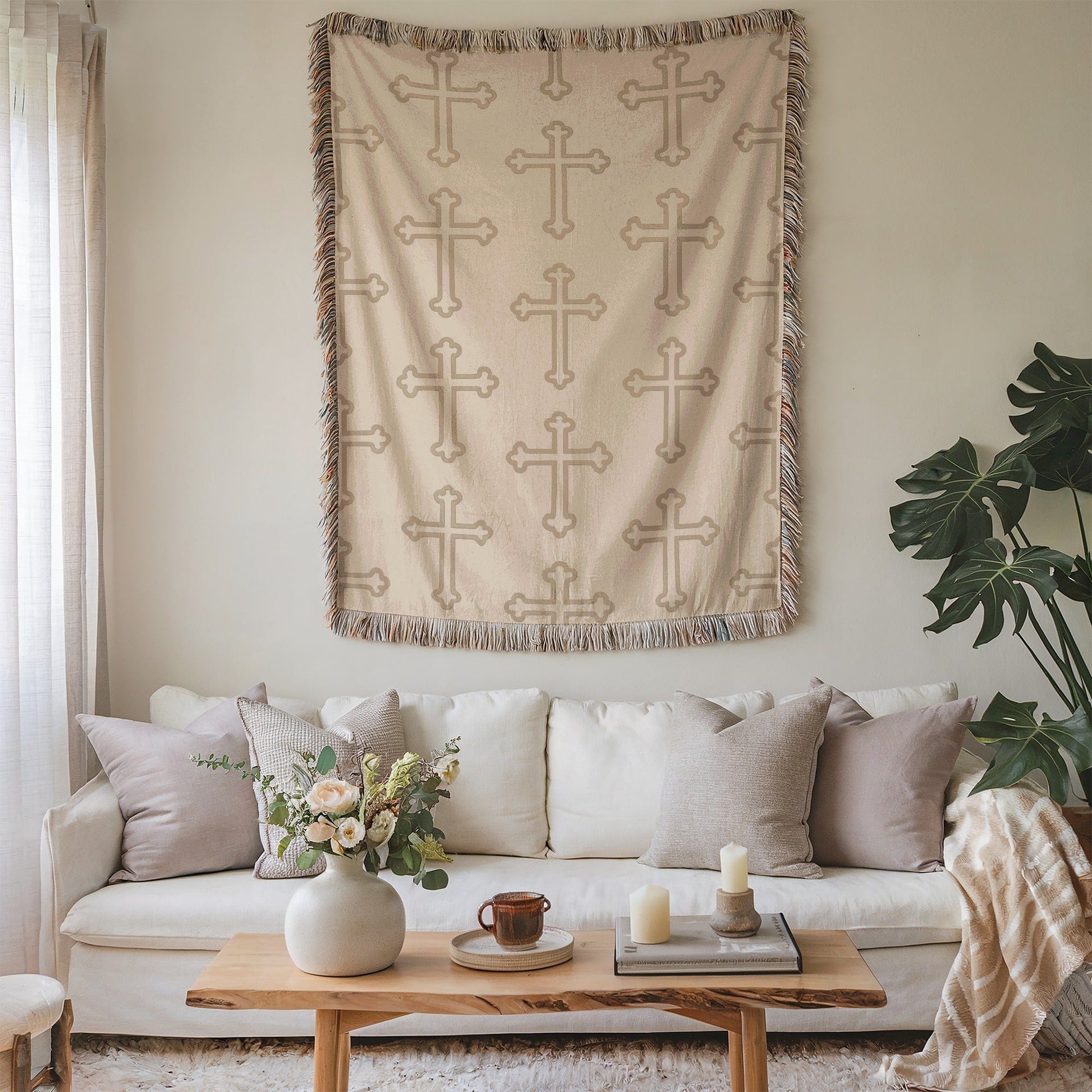 Elegant Beige Cross Pattern Decorative Blanket