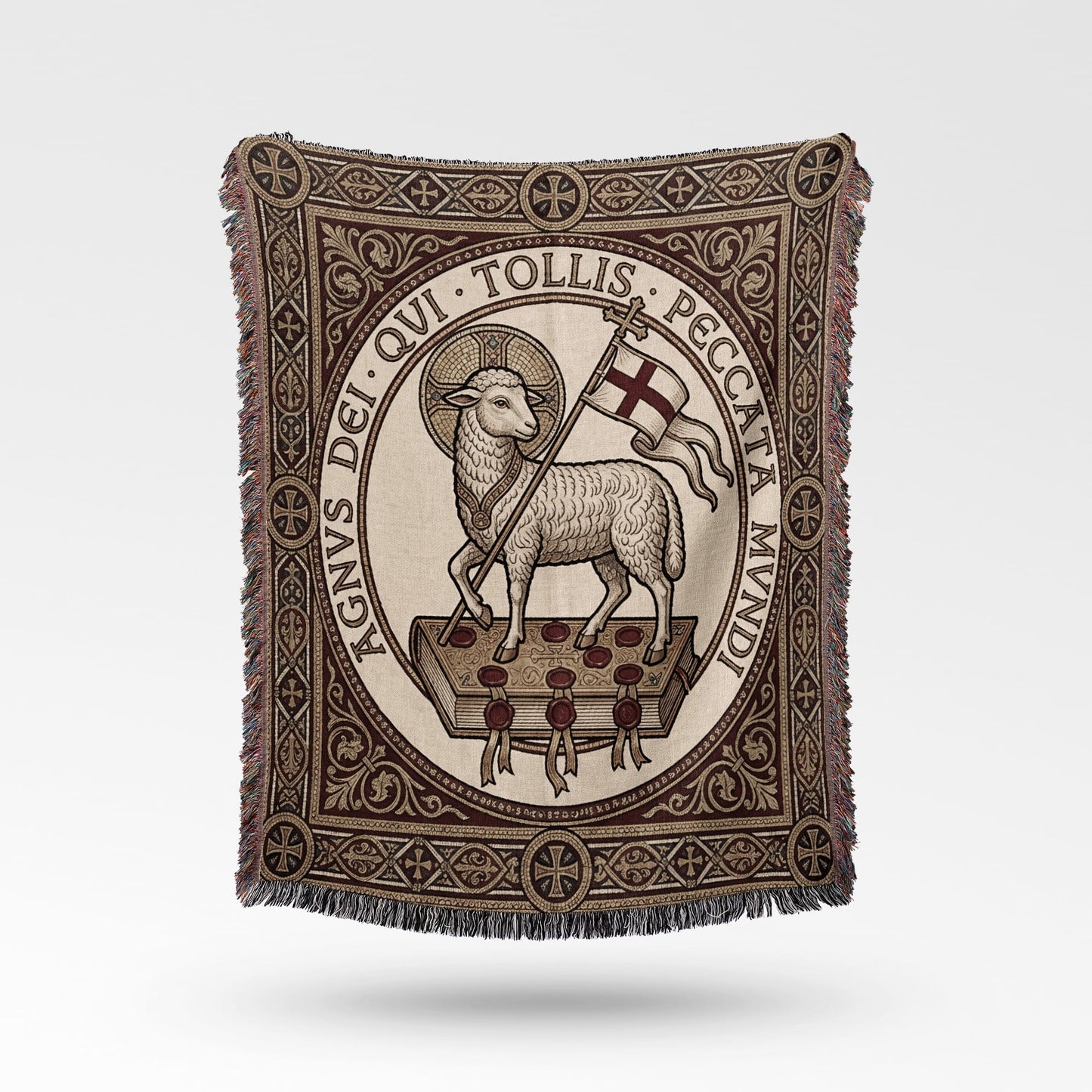Lamb of God on book with cross flag, surrounded by Latin text and decorative border.