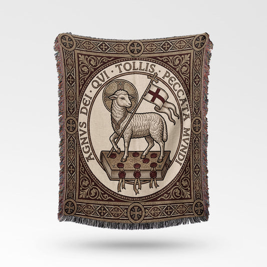 Lamb of God on book with cross flag, surrounded by Latin text and decorative border.