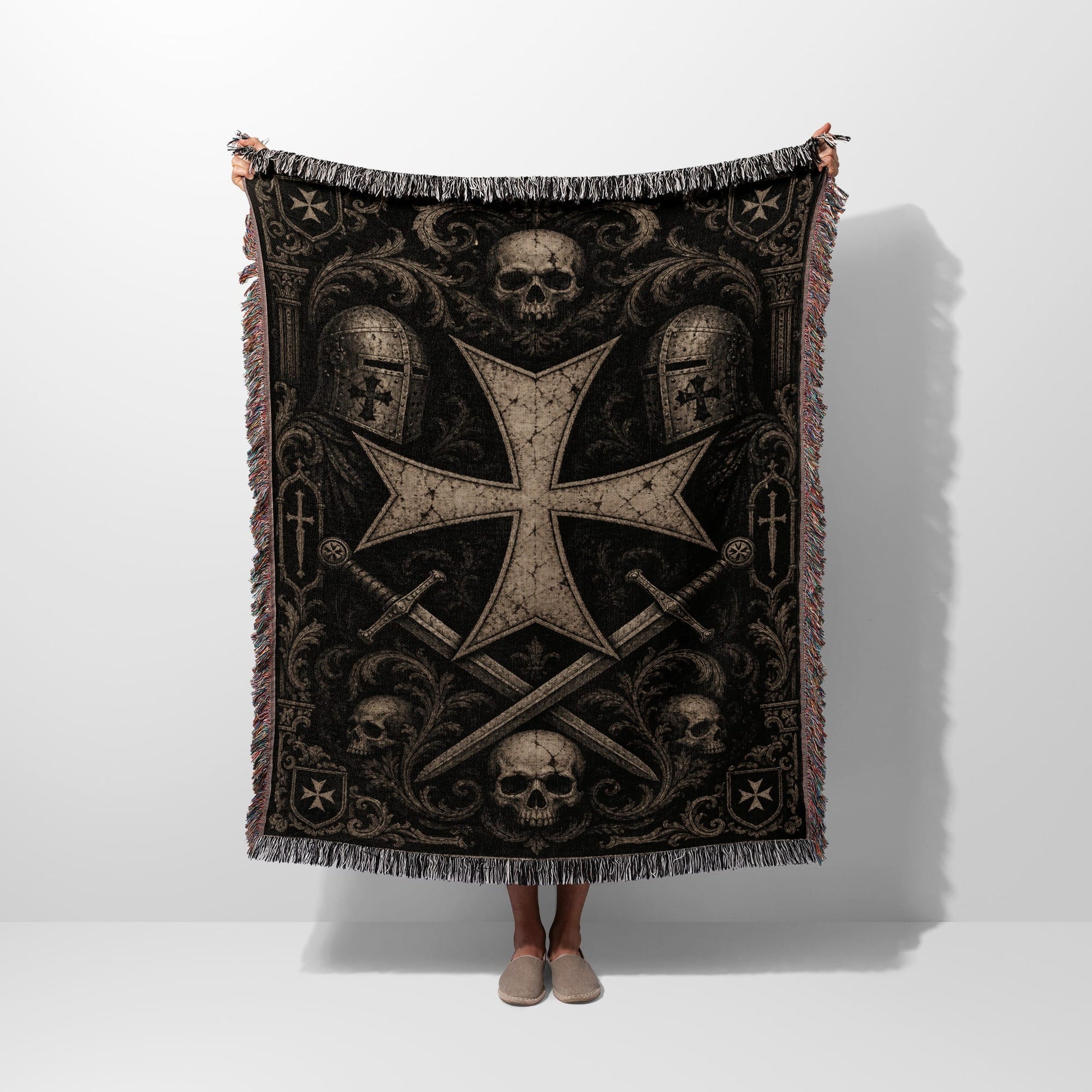 Tapestry blanket with a large Templar cross, swords, helmets, and skulls.