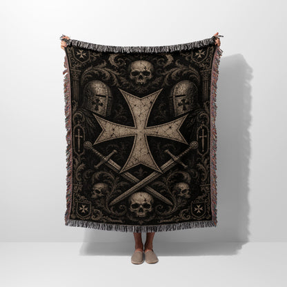 Tapestry blanket with a large Templar cross, swords, helmets, and skulls.