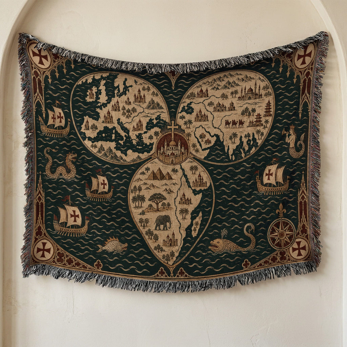 CalmNestStyle Mappa Mundi I Crowned Jerusalem jacquard woven blanket