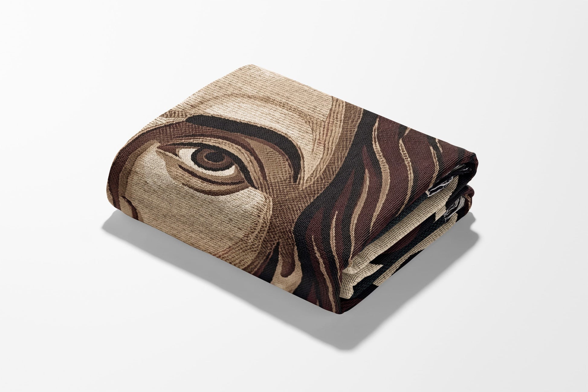 Folded tapestry depicting a close-up of a person's eye and hair.