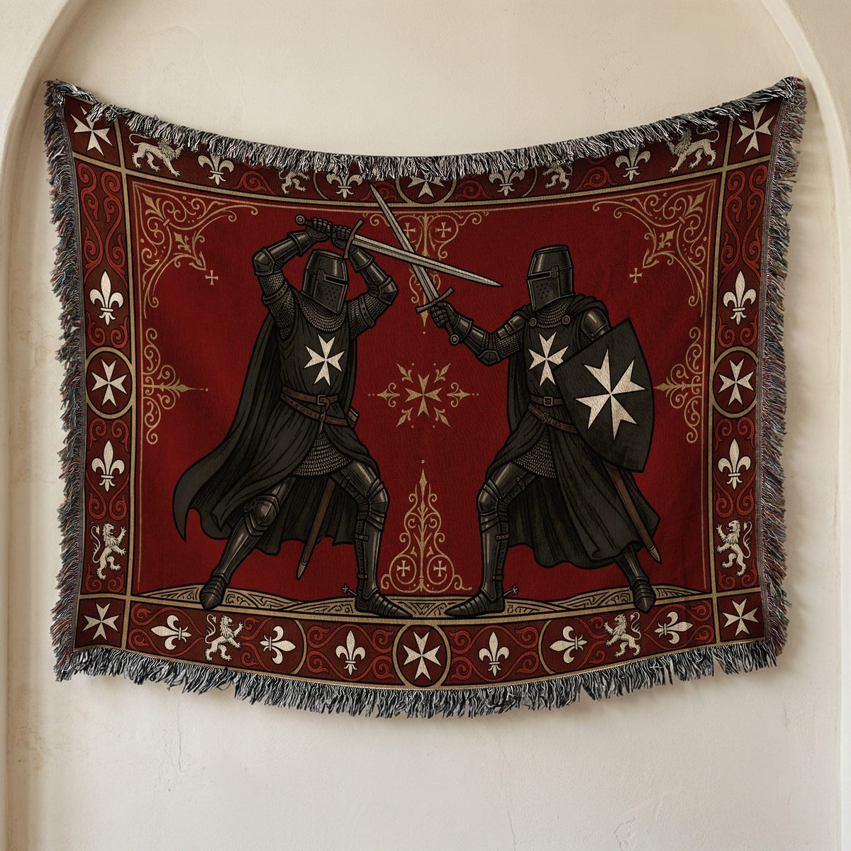 CalmNestStyle Hospitaller Knights Duel Cream Heraldic Border Woven Blanket jacquard woven blanket