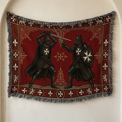 CalmNestStyle Hospitaller Knights Duel Cream Heraldic Border Woven Blanket jacquard woven blanket