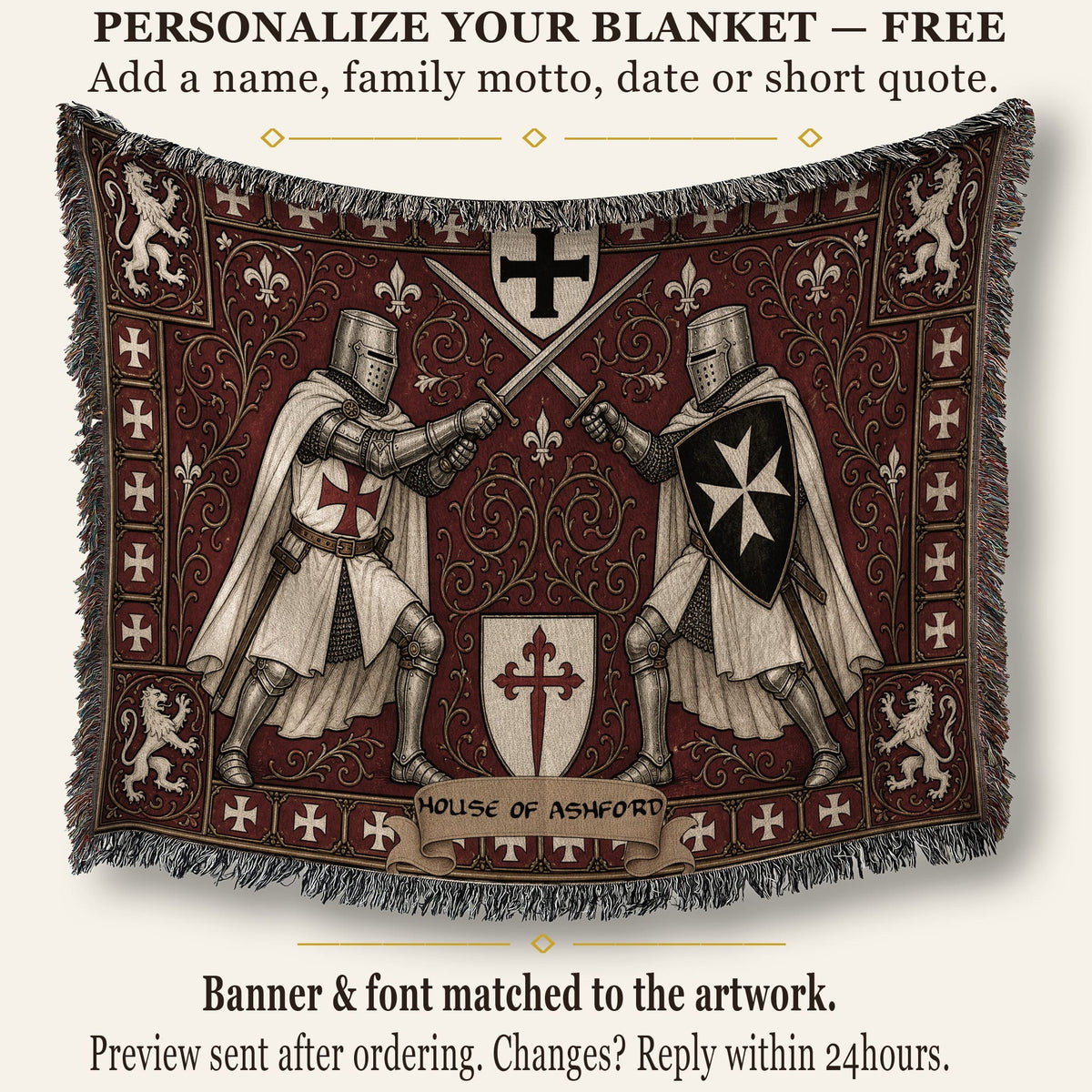 MyDesigns Medieval Knight Tapestry – Templar & Hospitaller Knights Duel Woven Blanket, Santiago Shield jacquard woven blanket