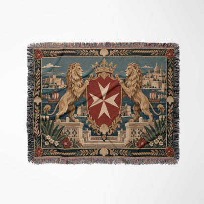 CalmNestStyle Golden Lions Crowned Shield over Valletta Woven Blanket jacquard woven blanket