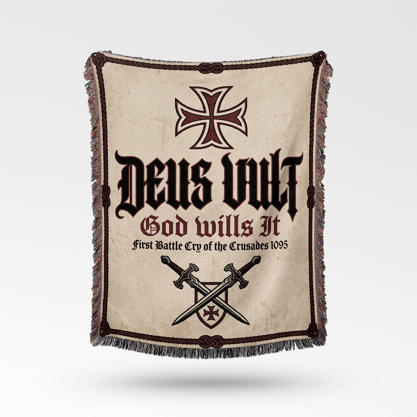 Woven blanket with "Deus Vult" and Templar cross.