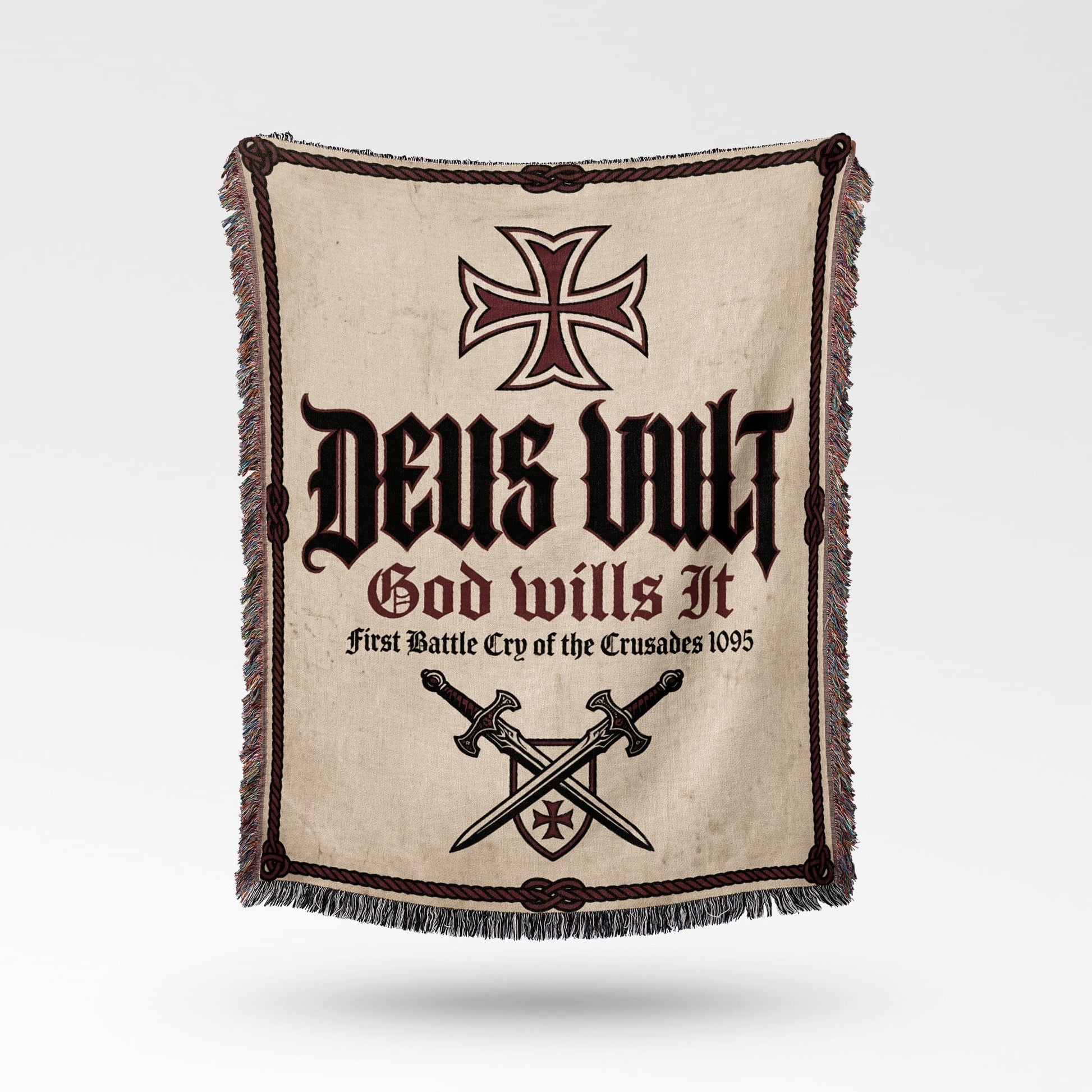 Woven blanket with "Deus Vult" and Templar cross.