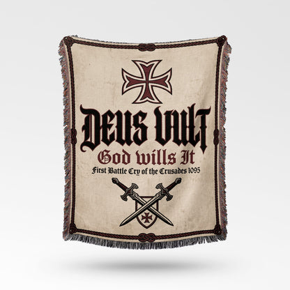 Woven blanket with "Deus Vult" and Templar cross.