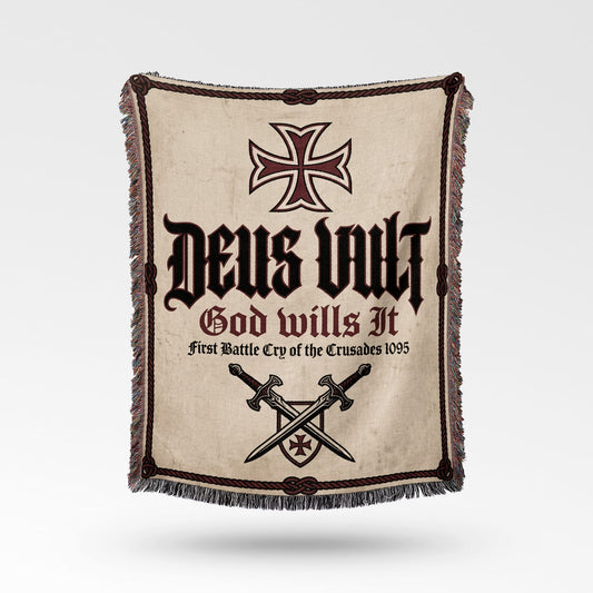 Woven blanket with "Deus Vult" and Templar cross.