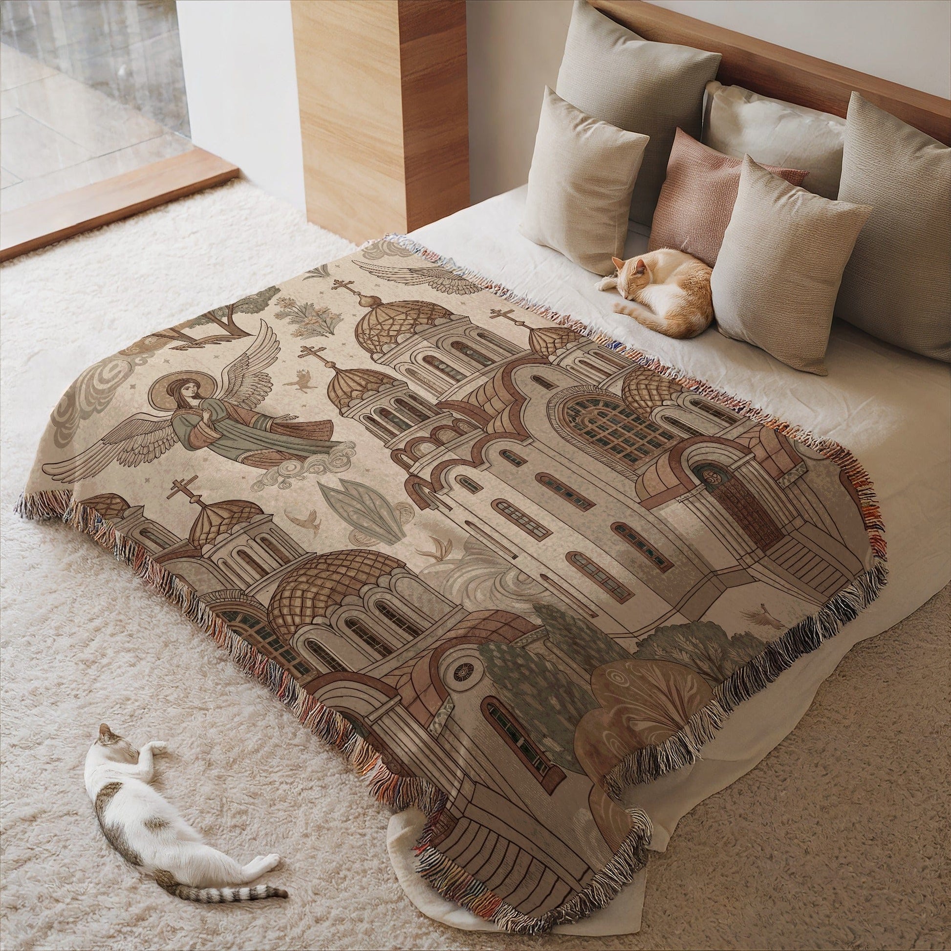 Ornate Angel and Church Scene Throw Blanket