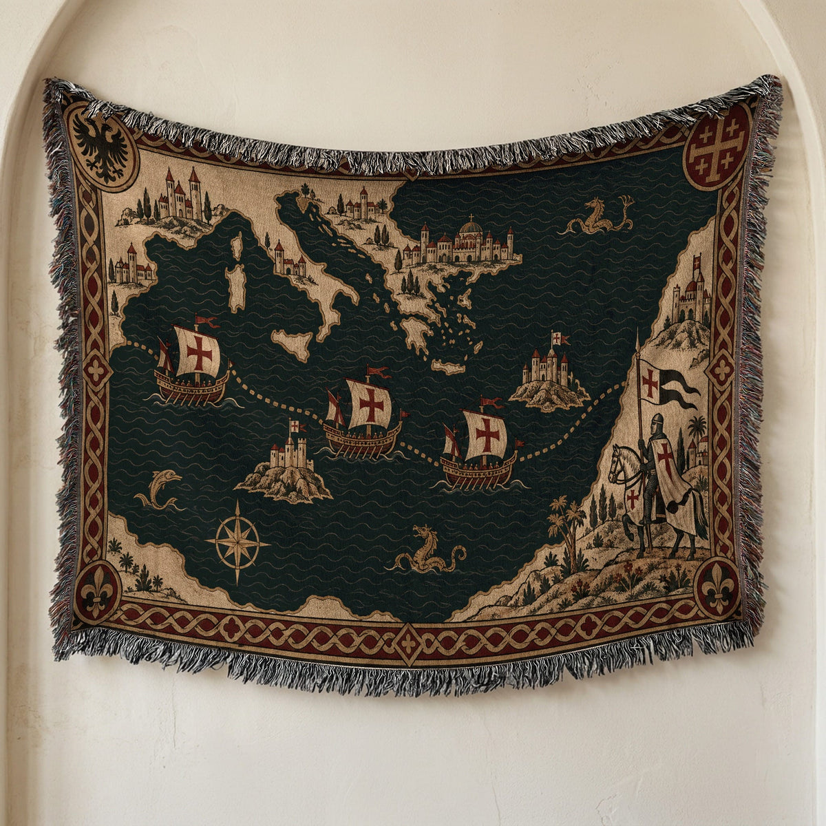 CalmNestStyle Crusader Sea Route Map I Knight with Banner jacquard woven blanket
