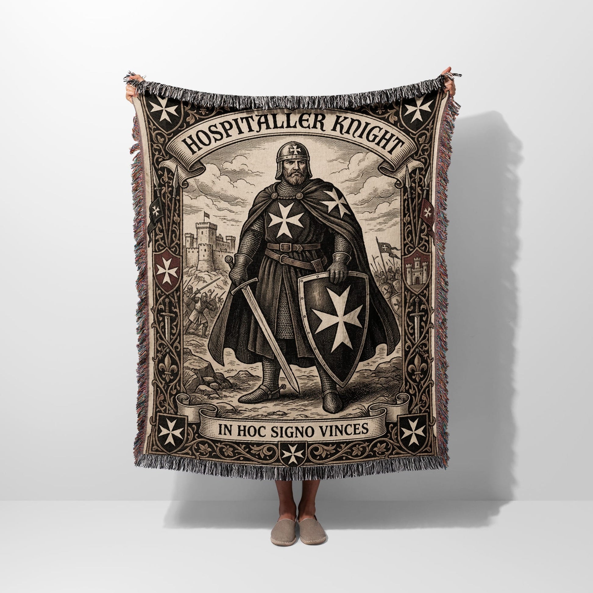 Knights Templar blanket with "In Hoc Signo Vinces" text, holding a shield.
