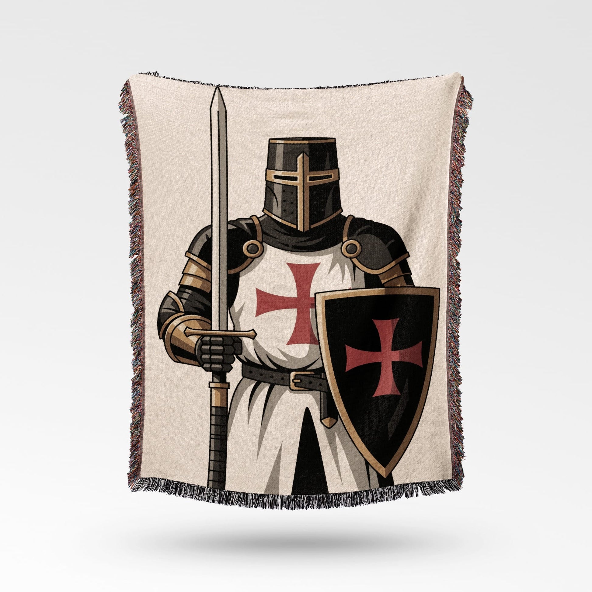 Knight in armor holding a sword and shield with red crosses.