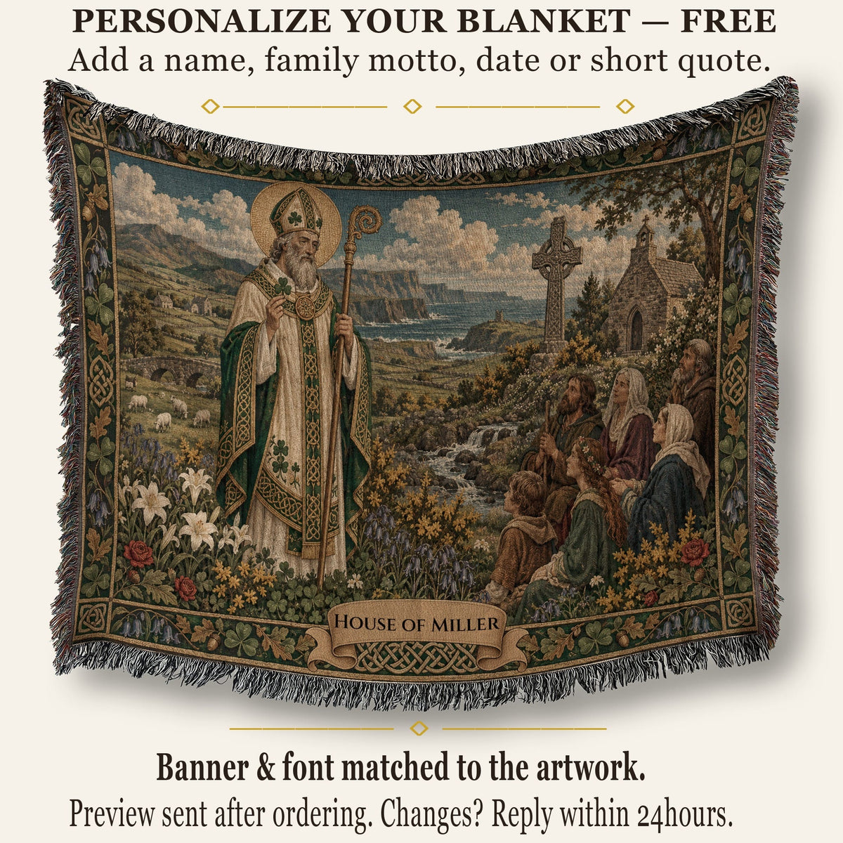 A woven tapestry blanket featuring Saint Patrick preaching to followers in an Irish landscape.
