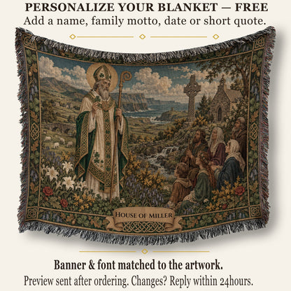 A woven tapestry blanket featuring Saint Patrick preaching to followers in an Irish landscape.