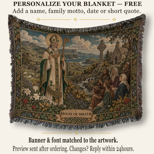 A woven tapestry blanket featuring Saint Patrick preaching to followers in an Irish landscape.