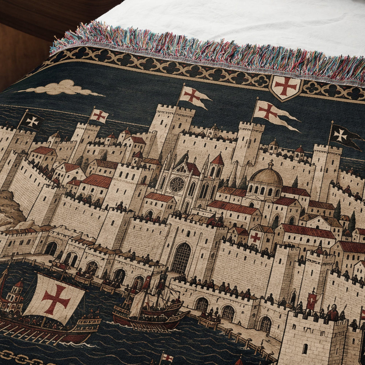 CalmNestStyle Crusader Harbor Siege I Smoke over the City jacquard woven blanket
