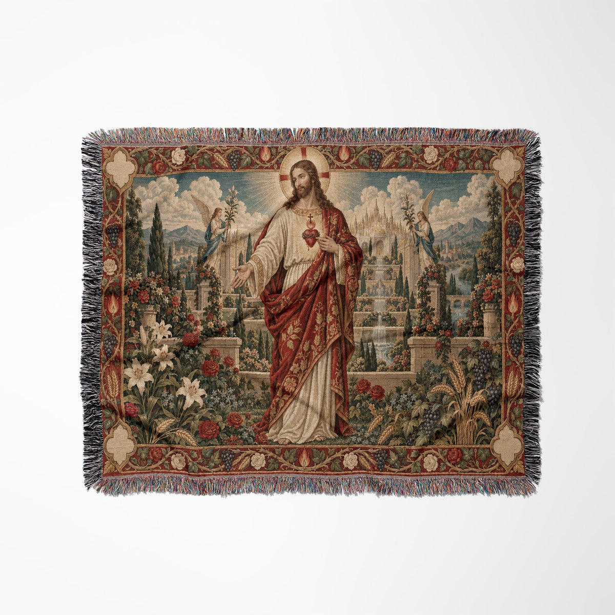 CalmNestStyle Sacred Heart of Jesus in the Heavenly Garden jacquard woven blanket