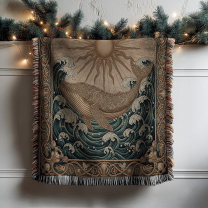Sun and Whale Tapestry with Ocean Waves Wall Art