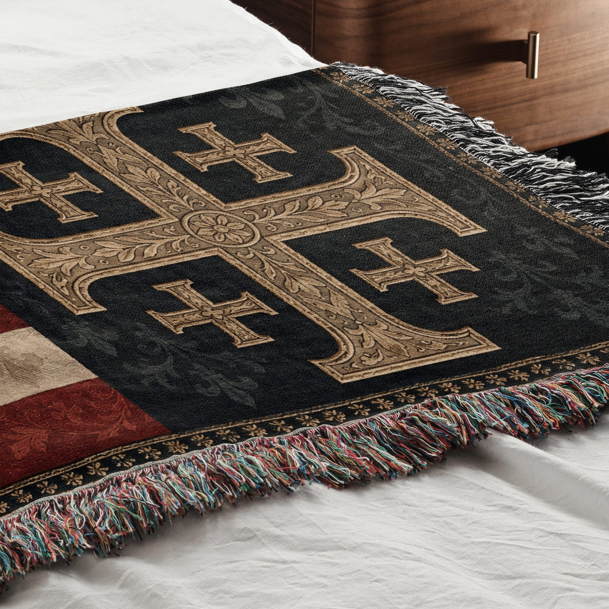 CalmNestStyle One Nation Under God Jerusalem Cross Flag Woven Blanket jacquard woven blanket