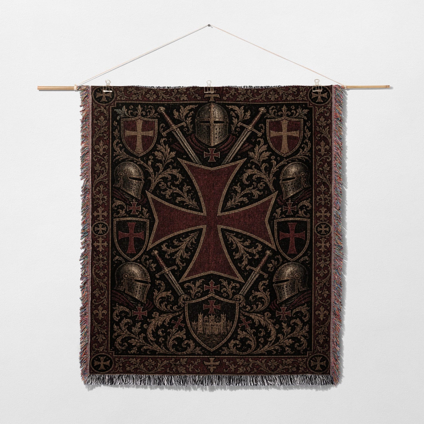 Tapestry with a large red Templar cross, swords, and knight helmets.