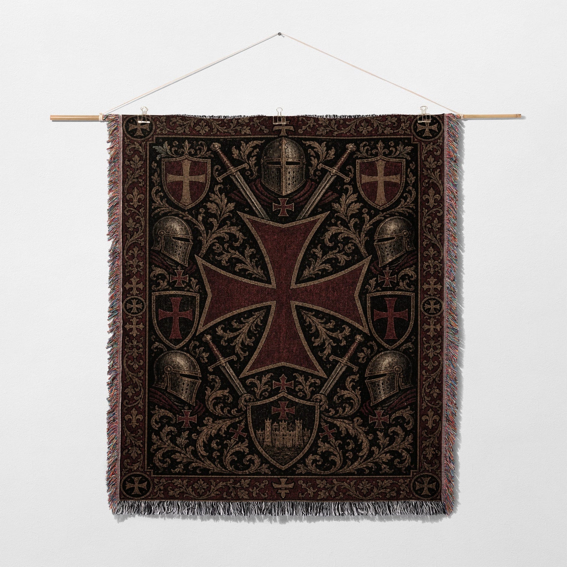 Tapestry with a large red Templar cross, swords, and knight helmets.