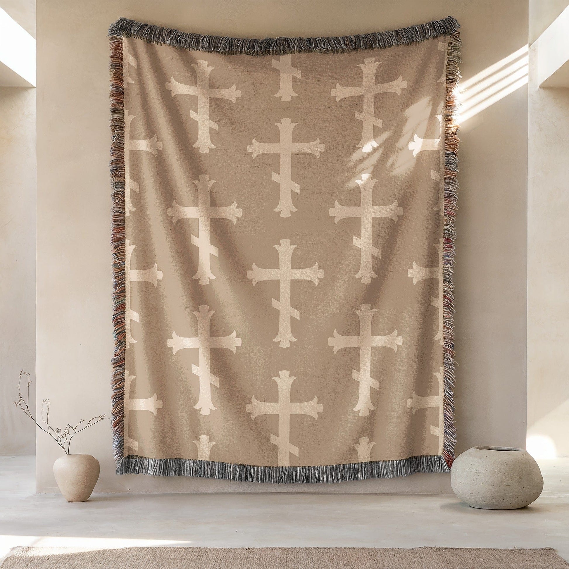 Cross Pattern Woven Blanket With Fringed Edges