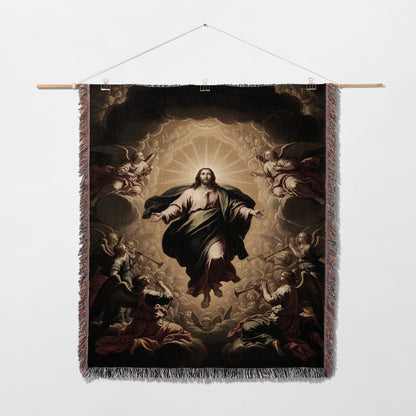 Jesus ascends to heaven surrounded by angels playing trumpets.