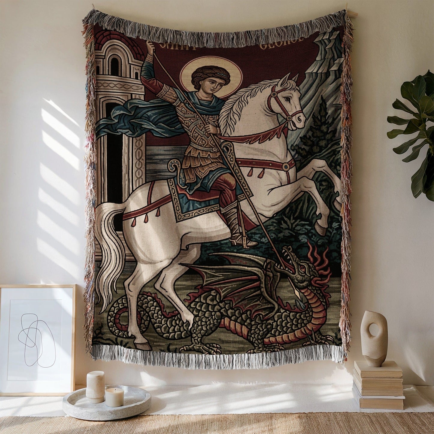 Medieval Warrior Saint with Dragon Tapestry