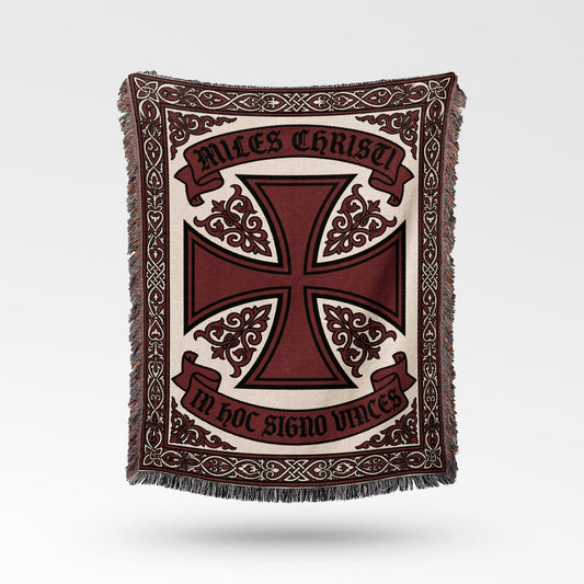 Cream and red blanket with Maltese cross and Latin text "In Hoc Signo Vinces".