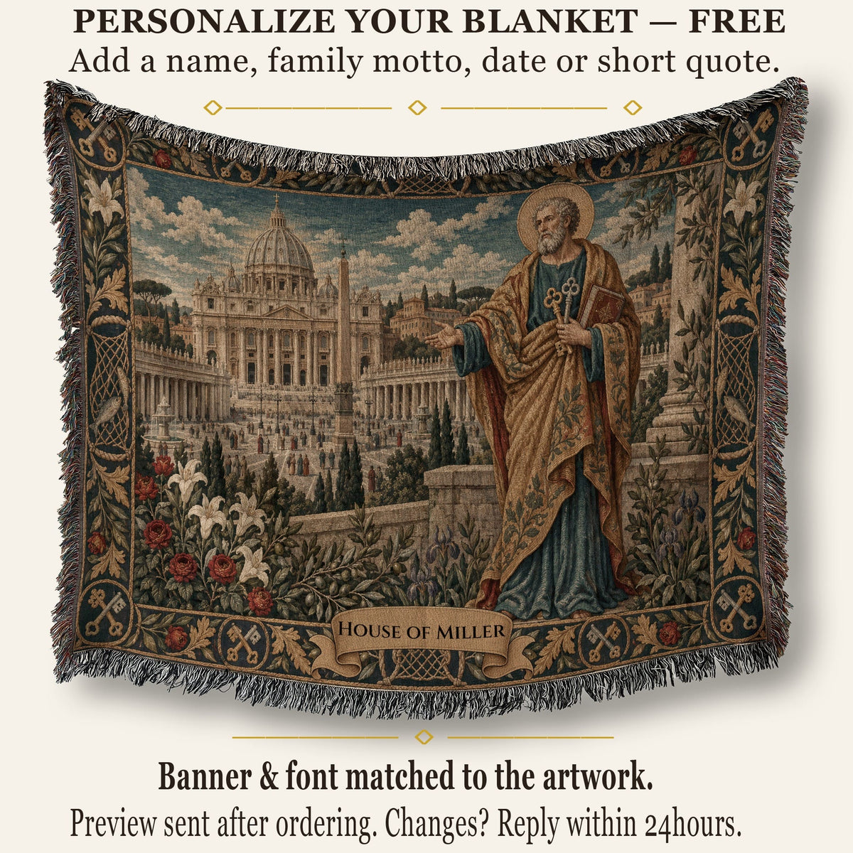 Woven tapestry throw blanket featuring Saint Peter holding keys before St. Peter's Basilica.