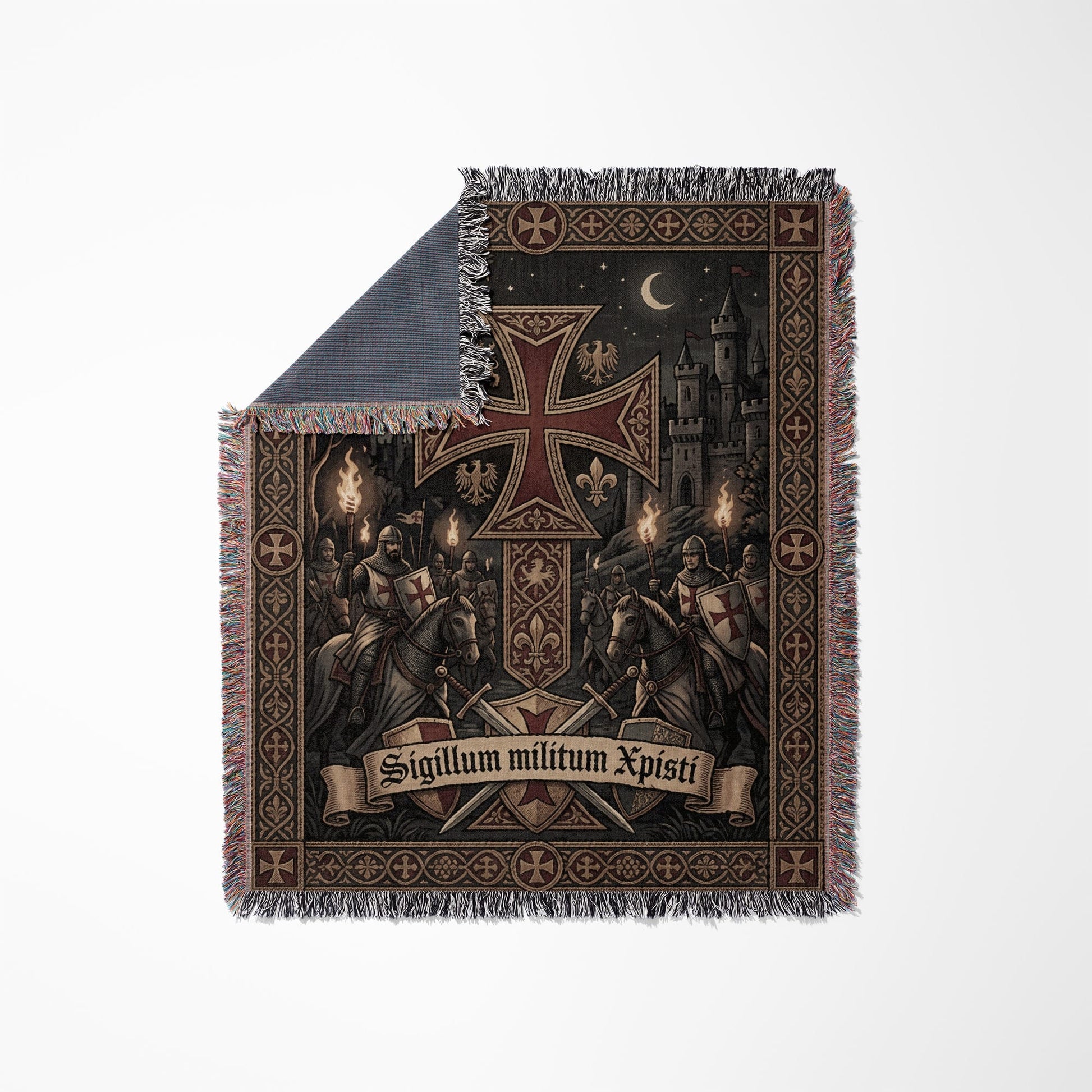 Tapestry depicts knights on horseback before a castle, with a large cross and text.