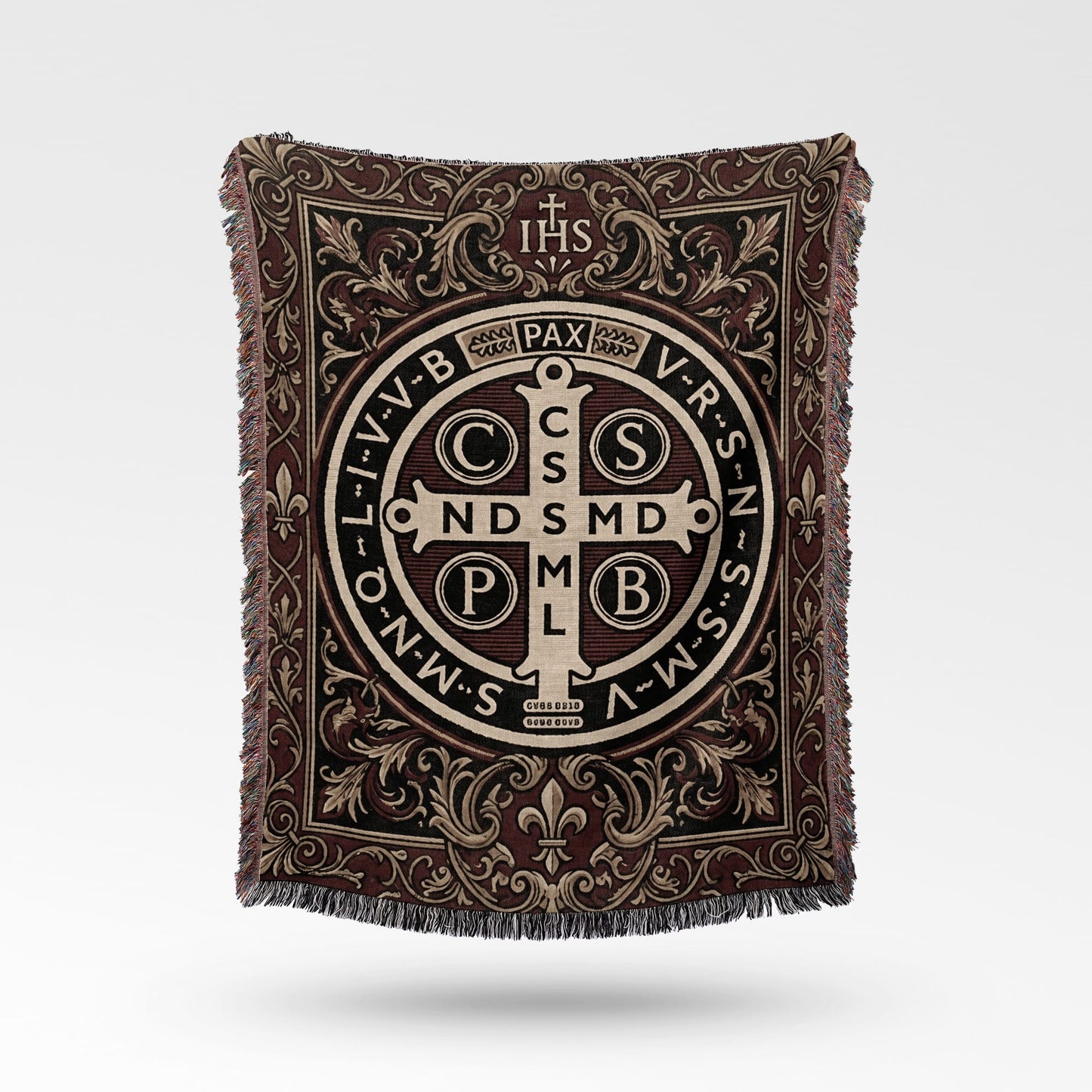Tapestry with Saint Benedict medal, IHS, and PAX design in ornate border.