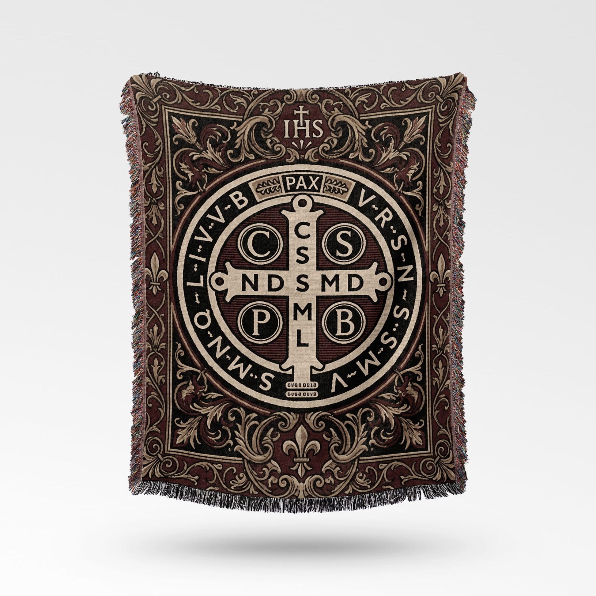 Tapestry with Saint Benedict medal, IHS, and PAX design in ornate border.