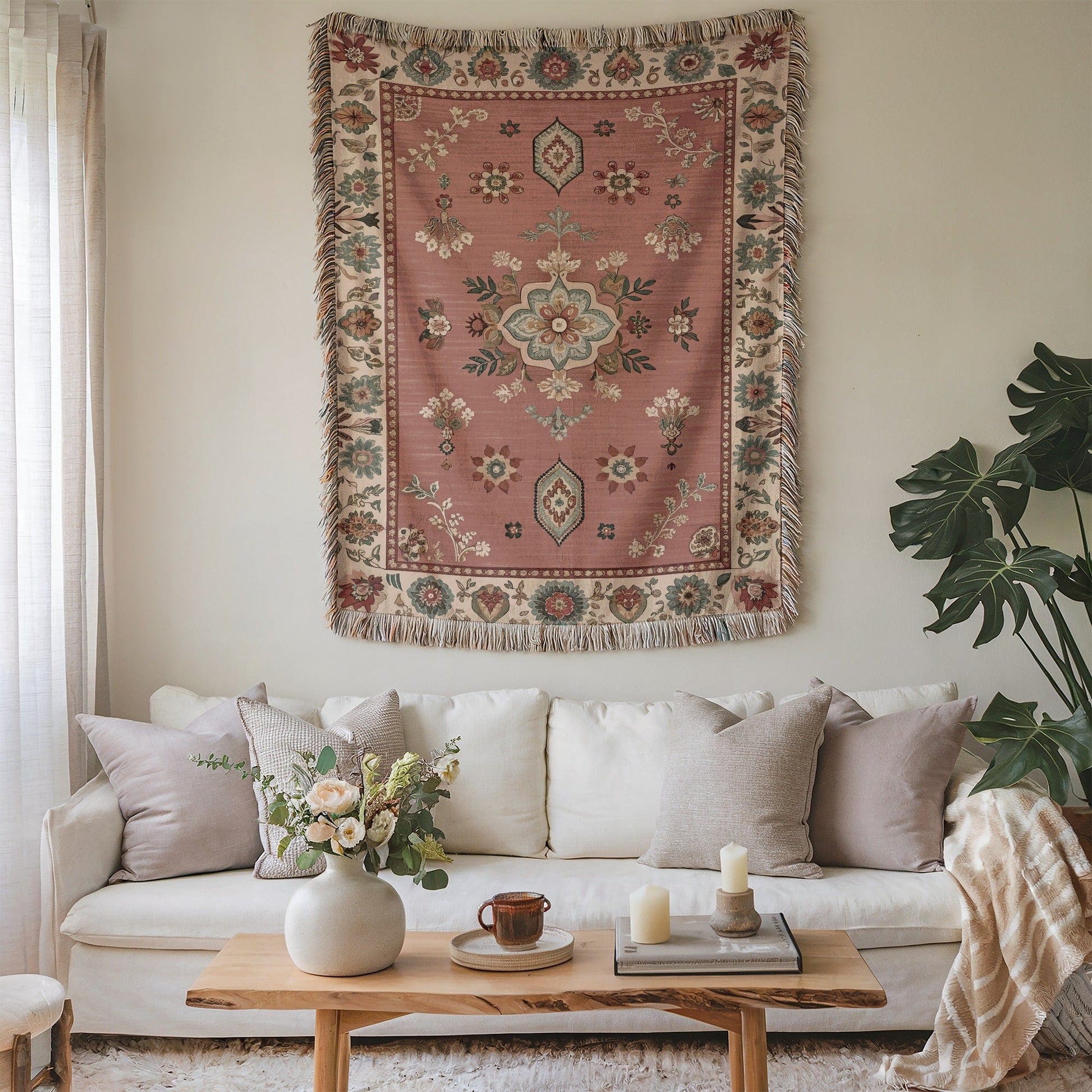 Vintage Floral Wall Tapestry with Fringe Edging Design