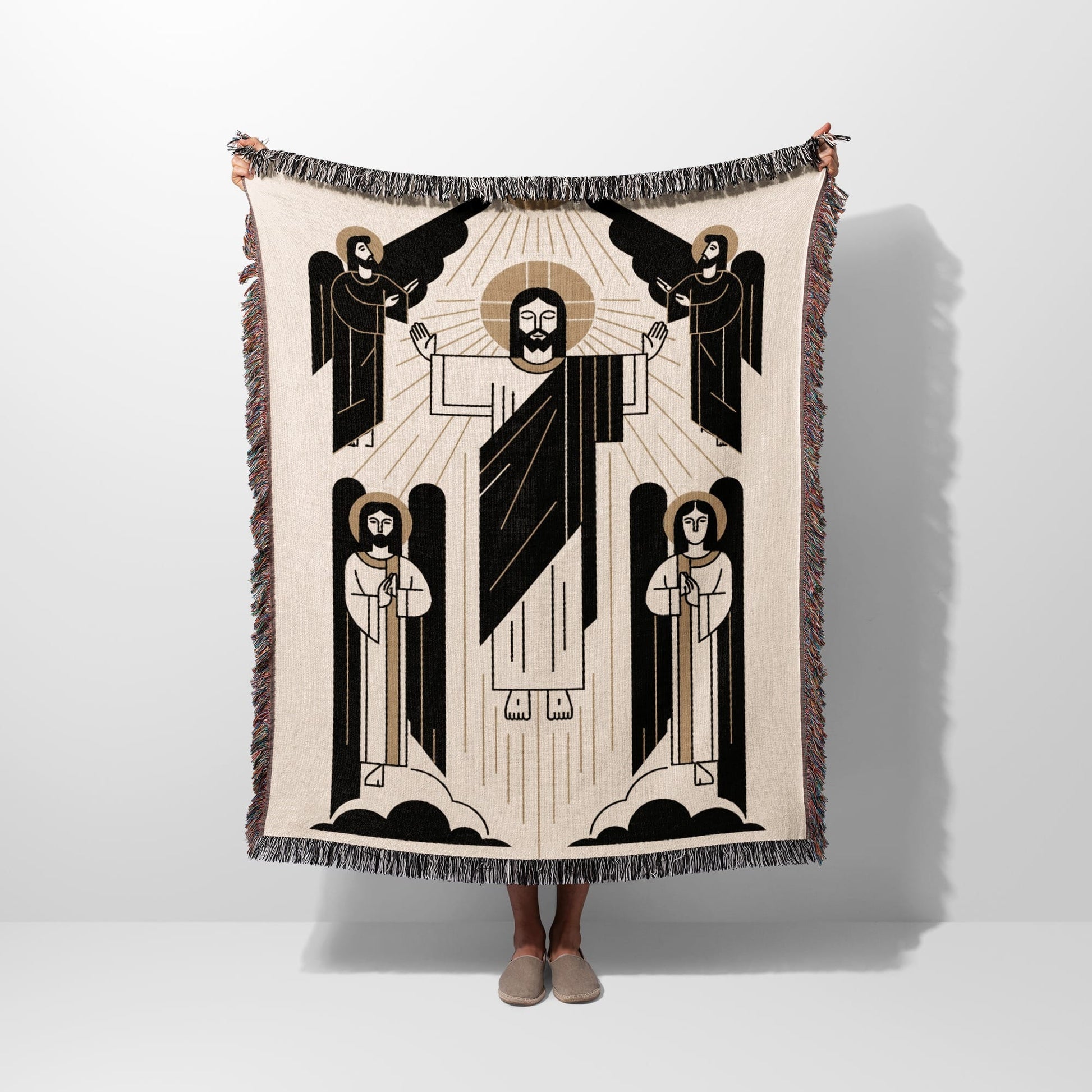 Religious blanket depicting Jesus and four angels with striped borders and fringe.