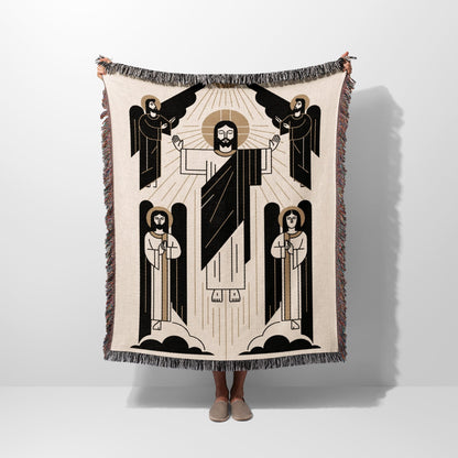 Religious blanket depicting Jesus and four angels with striped borders and fringe.
