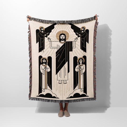 Religious blanket depicting Jesus and four angels with striped borders and fringe.
