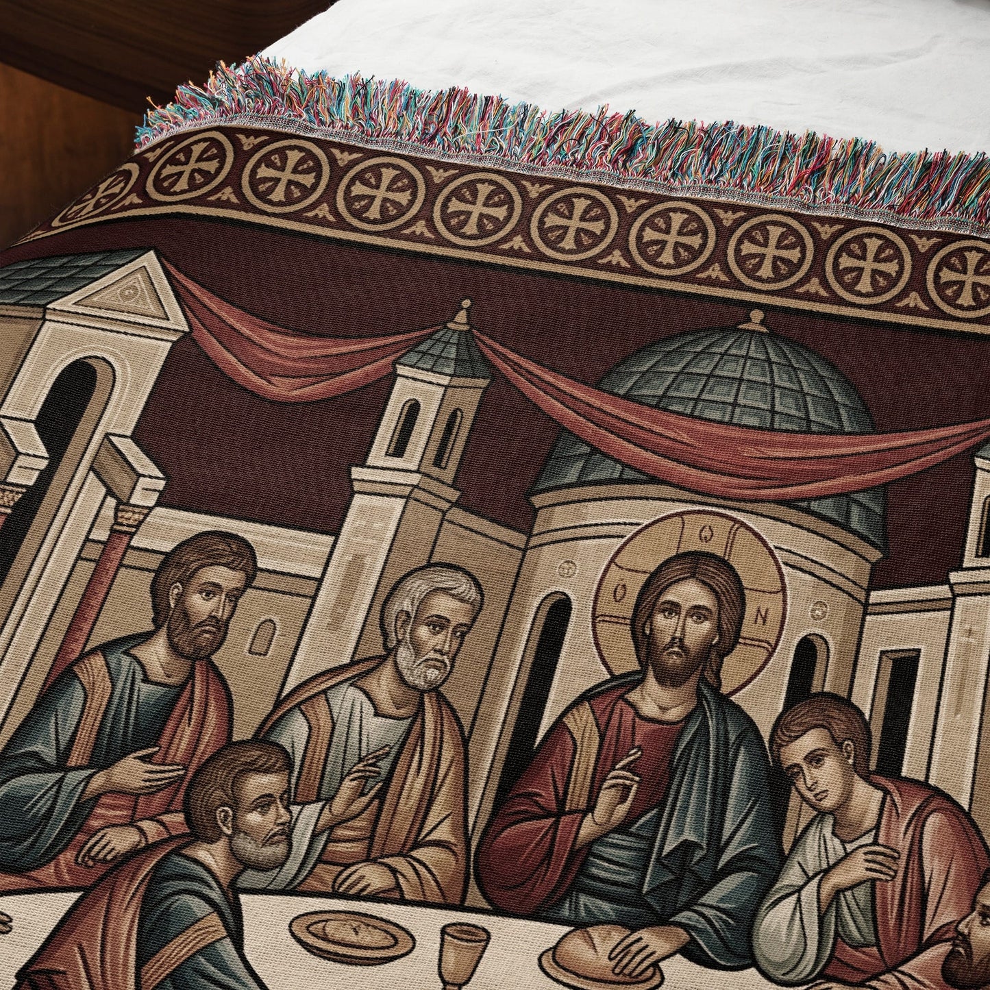 MyDesigns Crimson Gold Mystical Supper Landscape Tapestry - Byzantine Icon jacquard woven blanket