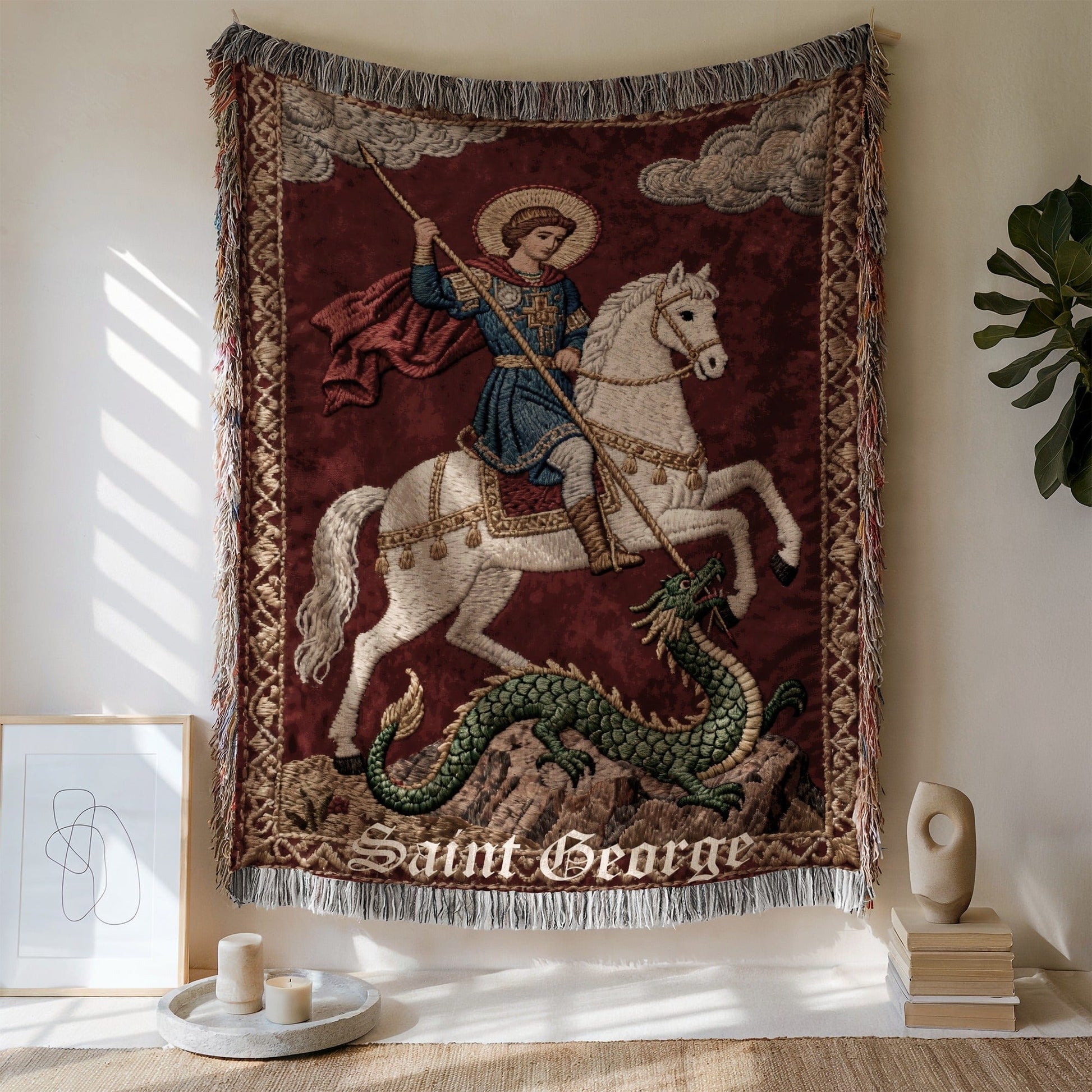 Saint George Depiction with Dragon Woven Tapestry