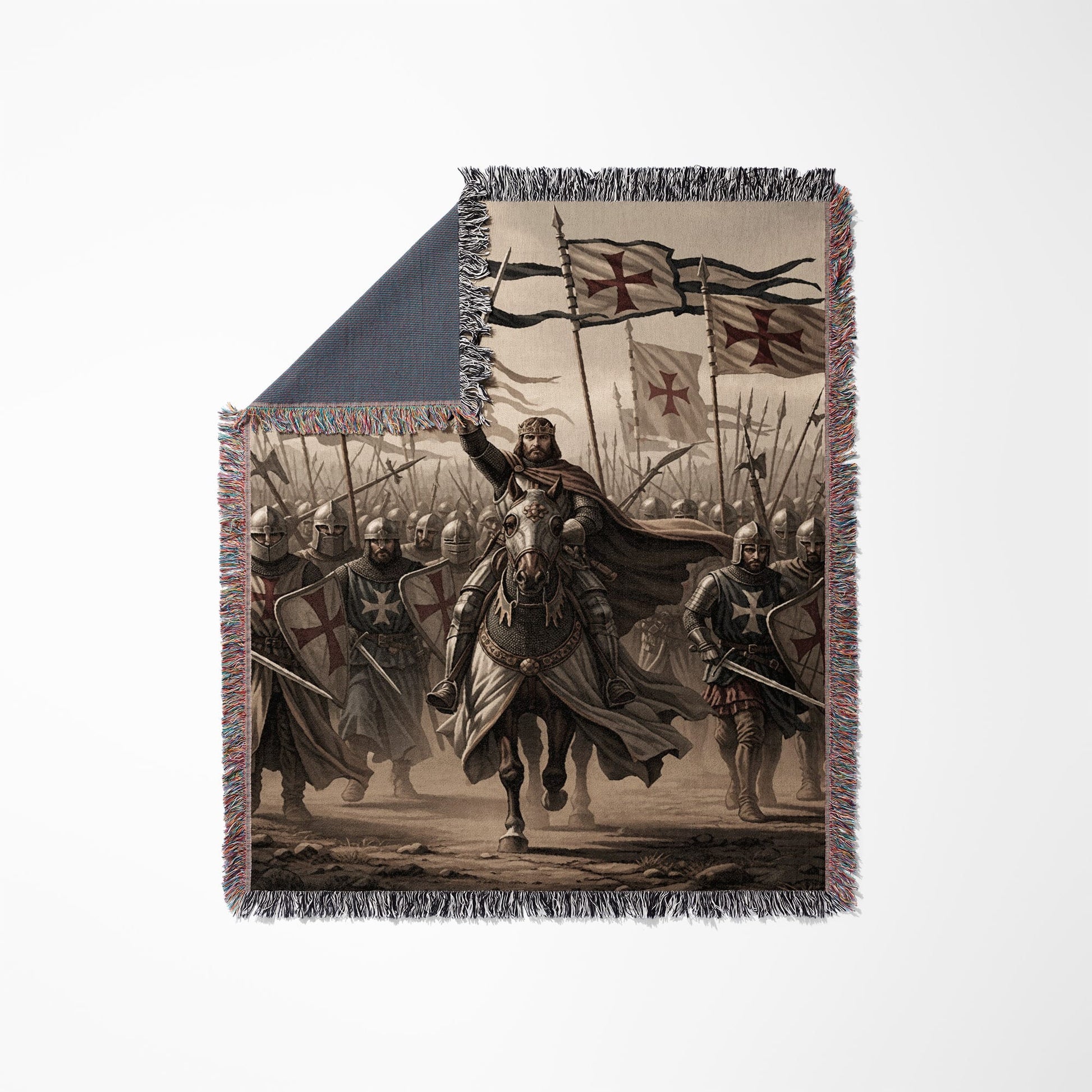Knights on horseback with flags lead a medieval army into battle.