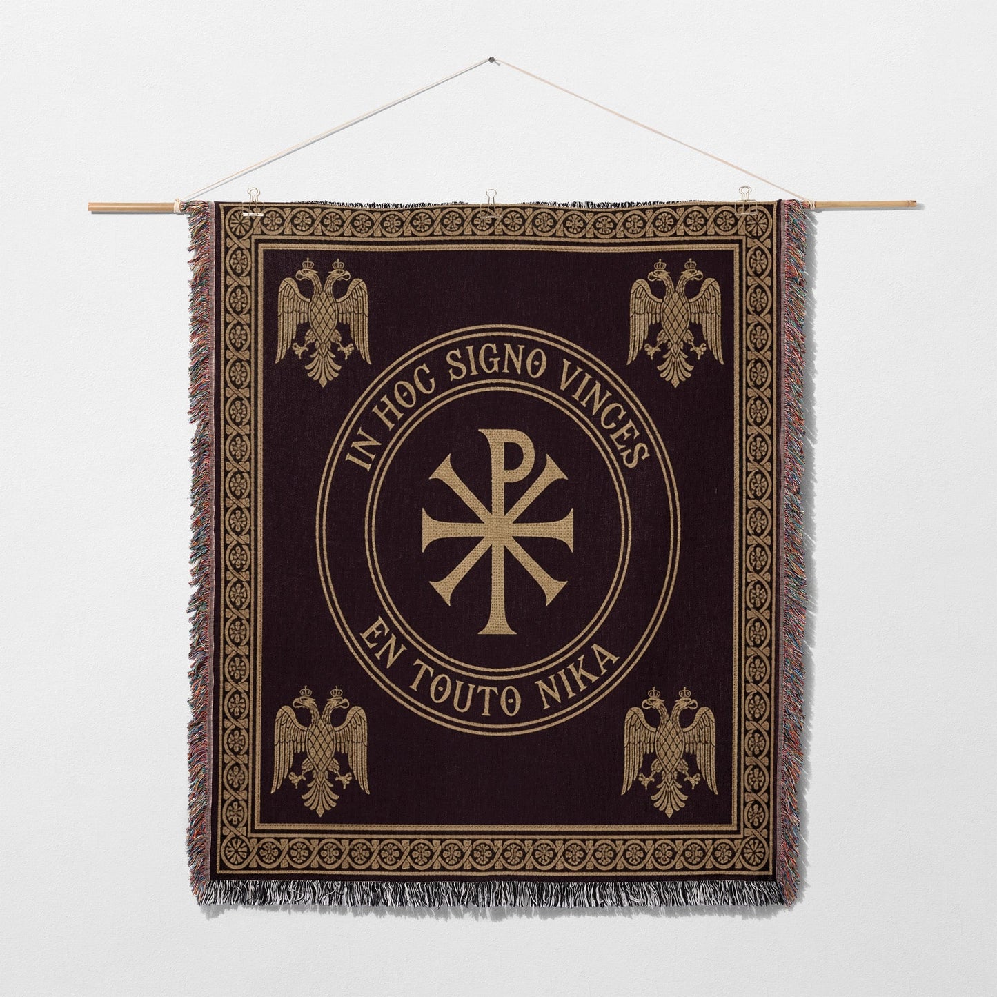 Tapestry with Christian Chi Rho symbol, eagles, and Latin text "In Hoc Signo Vinces".