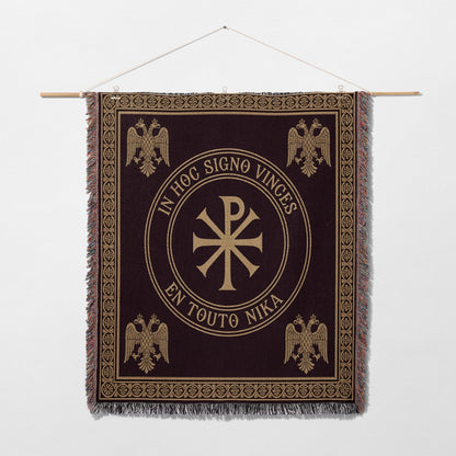 Tapestry with Christian Chi Rho symbol, eagles, and Latin text "In Hoc Signo Vinces".