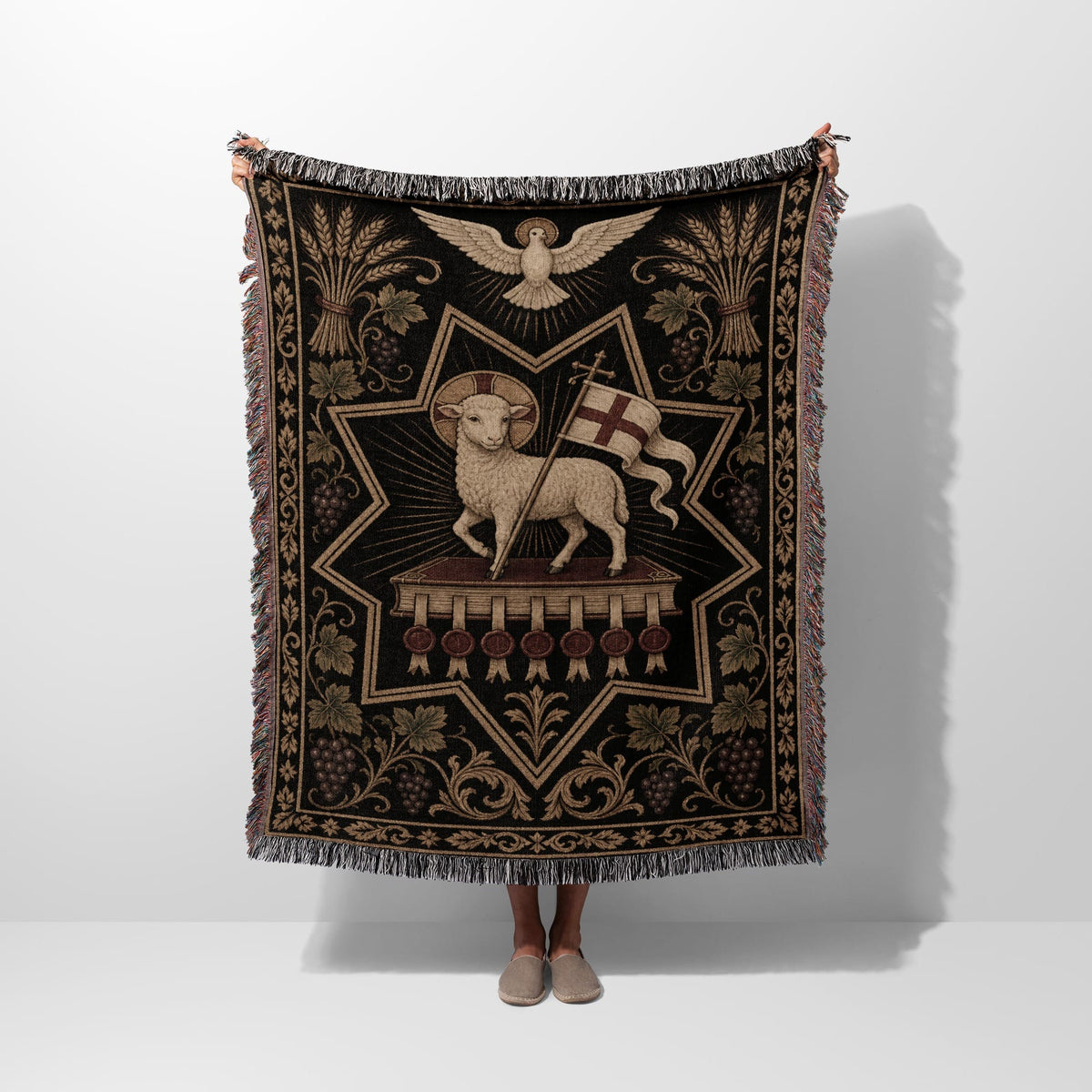 CalmNestStyle Sacred Lamb & Dove Woven Blanket jacquard woven blanket