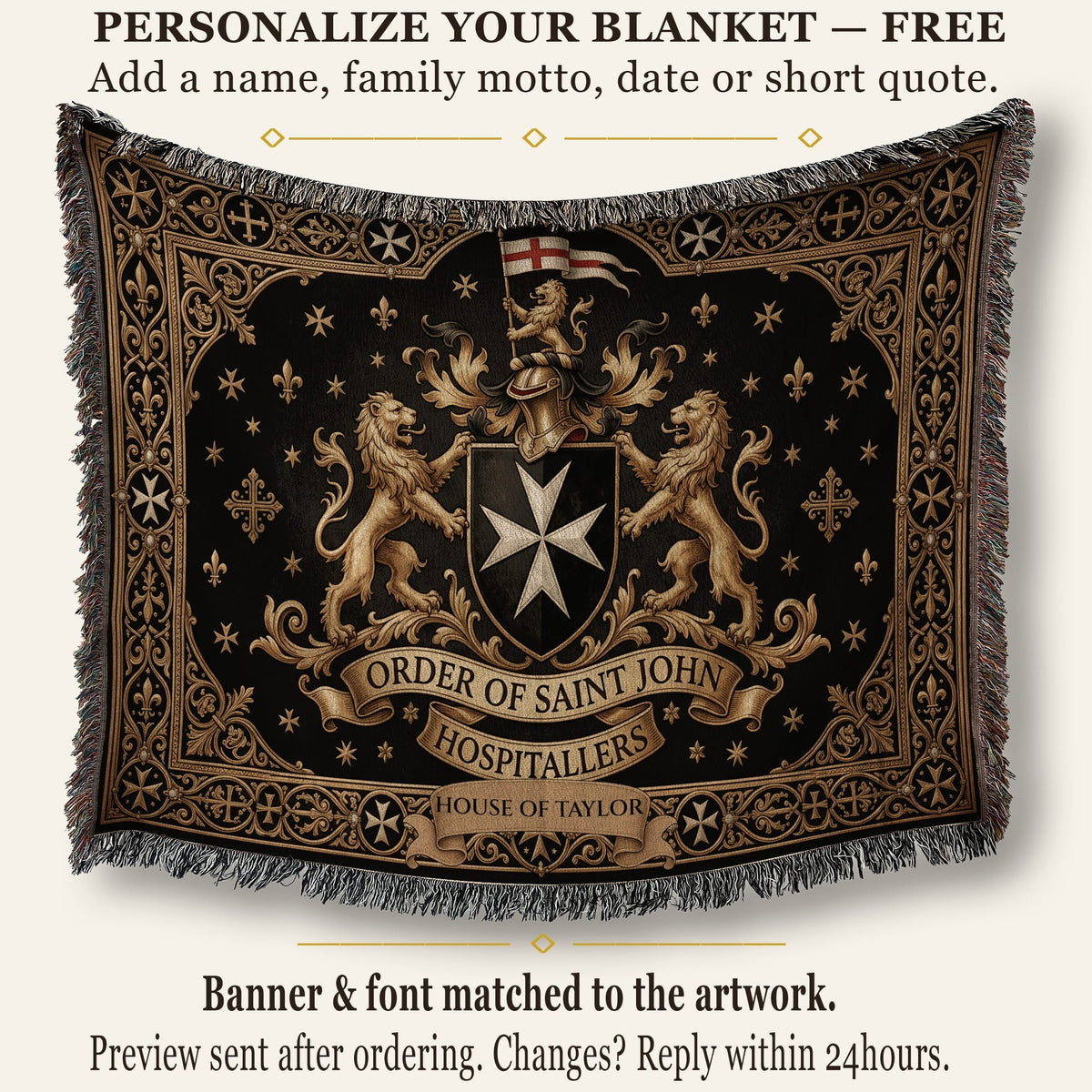 CalmNestStyle Order of Saint John Lions Crest Red Cross Banner Woven Blanket jacquard woven blanket