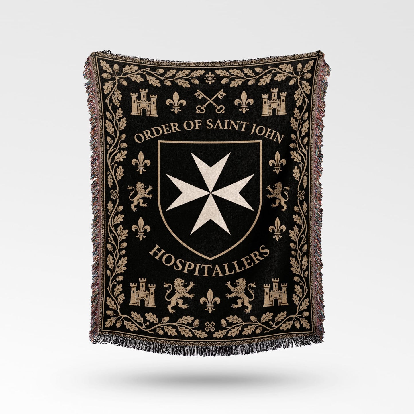 Black throw blanket with Order of Saint John shield and crest design.