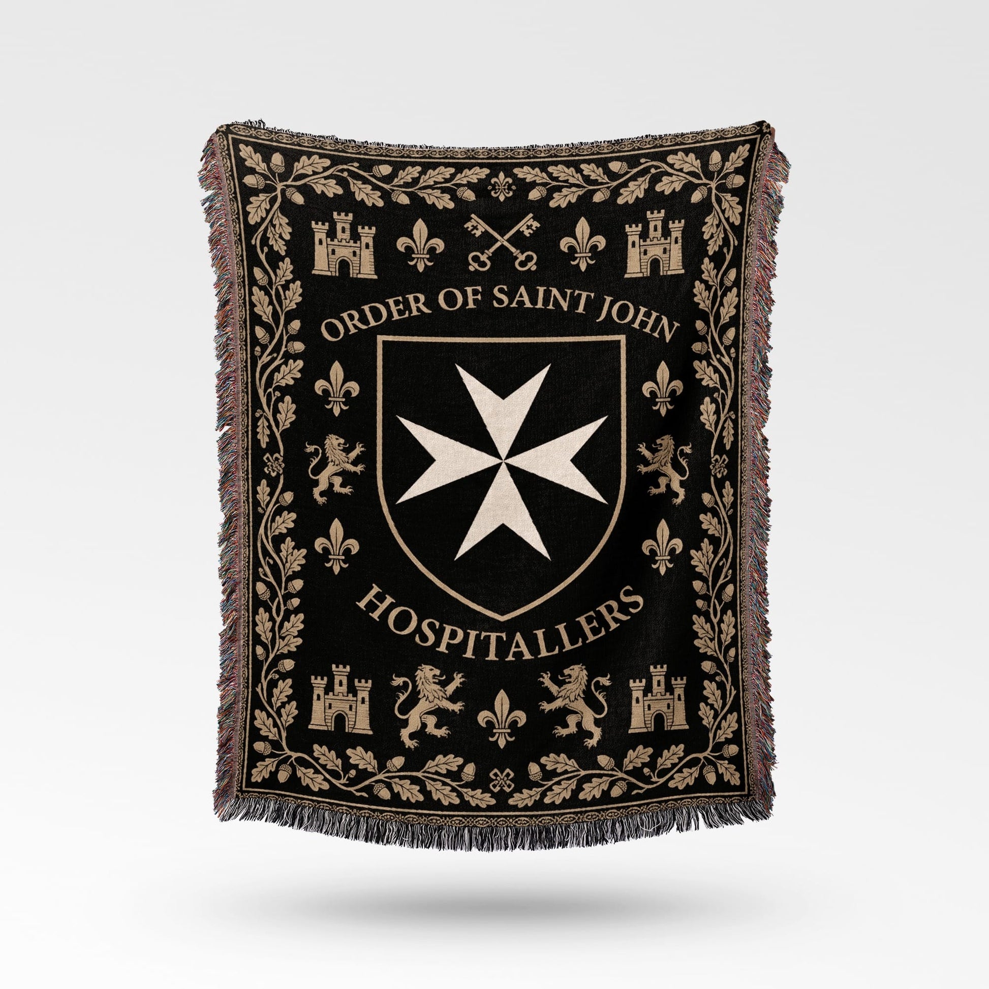 Black throw blanket with Order of Saint John shield and crest design.