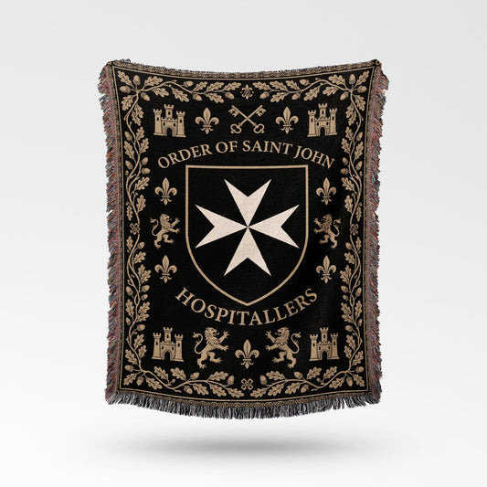 Black throw blanket with Order of Saint John shield and crest design.